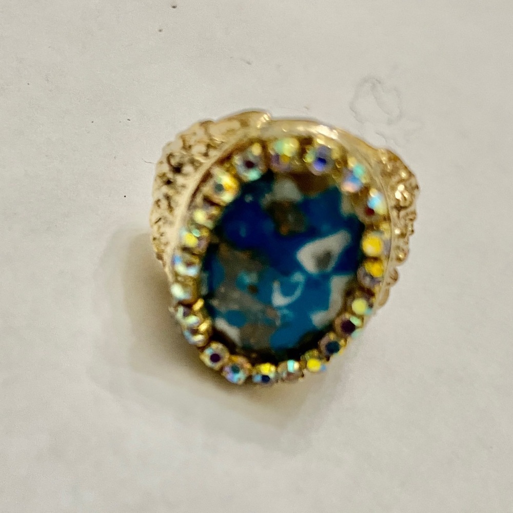 Vintage, Stamped Hobe Blue Agate Adjustable Ring with Rhinestones - Picture 13 of 13